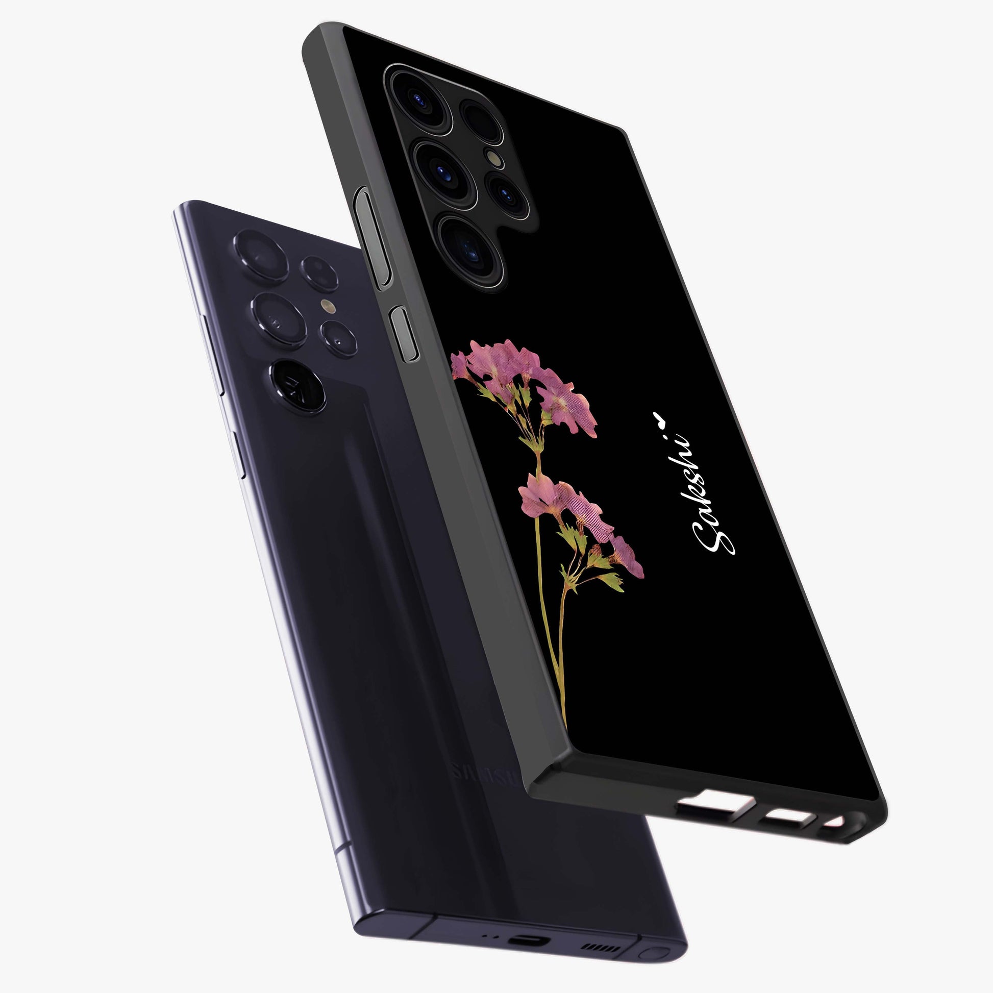 Riching Lavender Flower Custom Name Glass Case displayed in angled mockup highlighting delicate lavender flower design with custom name feature.