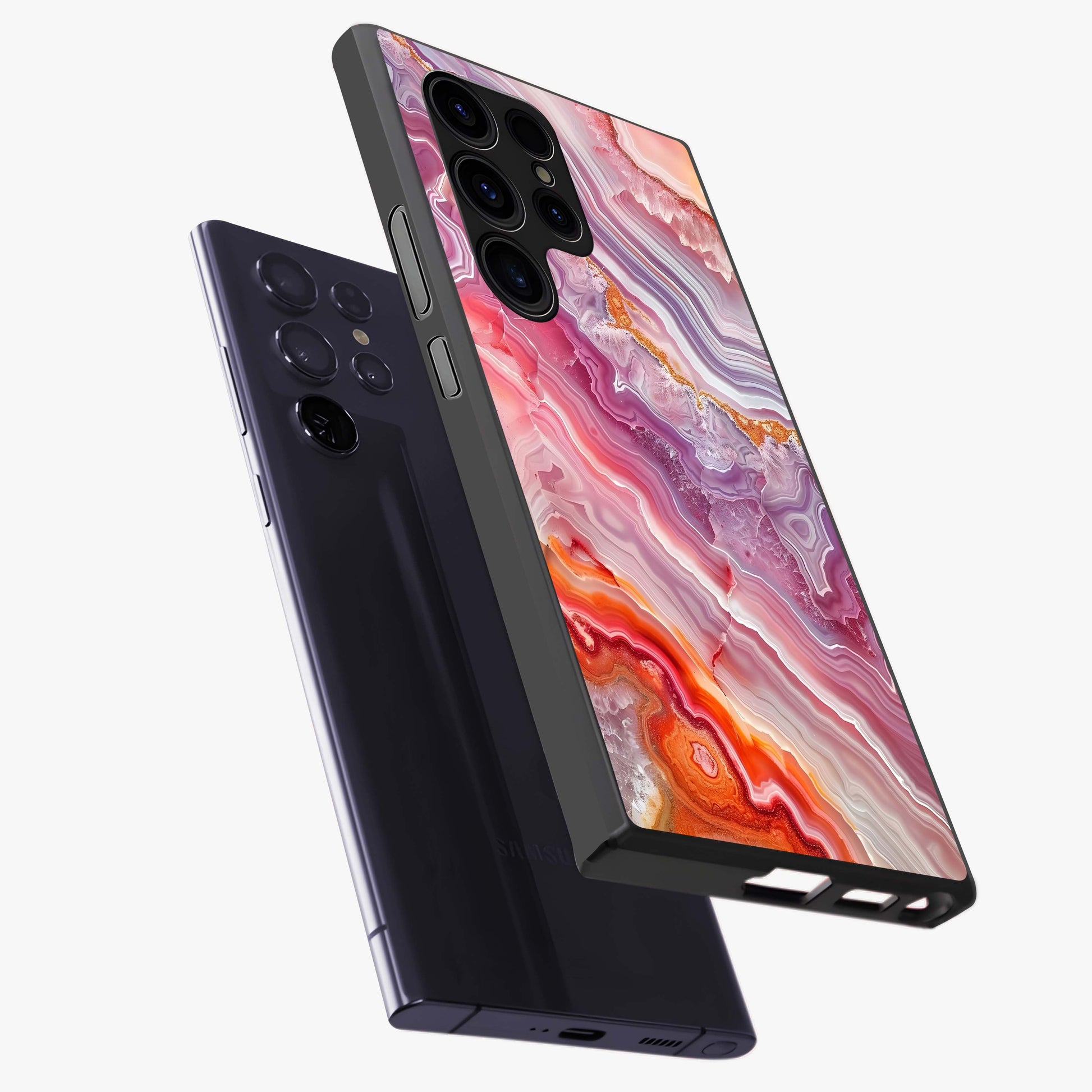 Rose Quartz Marble Glass Case displayed in angled mockup highlighting elegant marble pattern with soft aesthetic style.