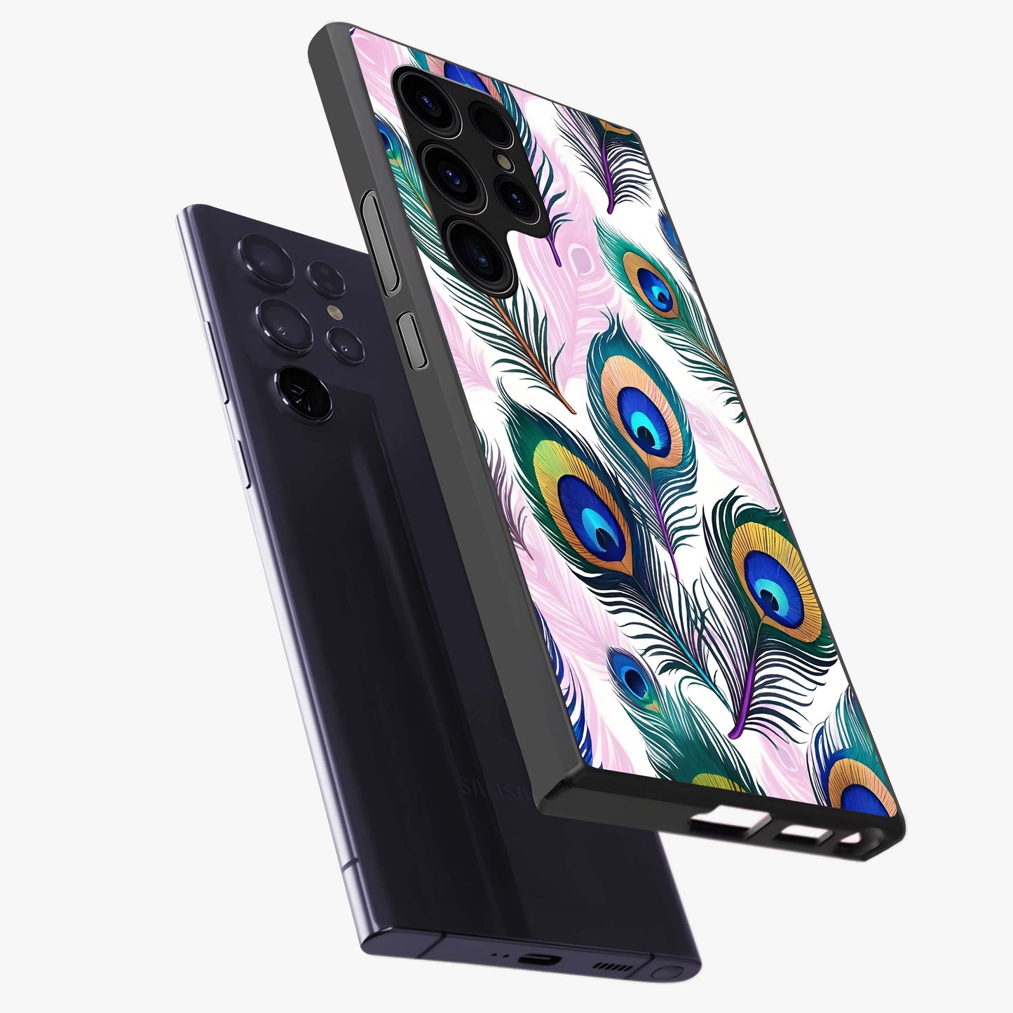 Royal Peacock Feathers Glass Case displayed in angled mockup highlighting vibrant feather pattern with regal aesthetic style.