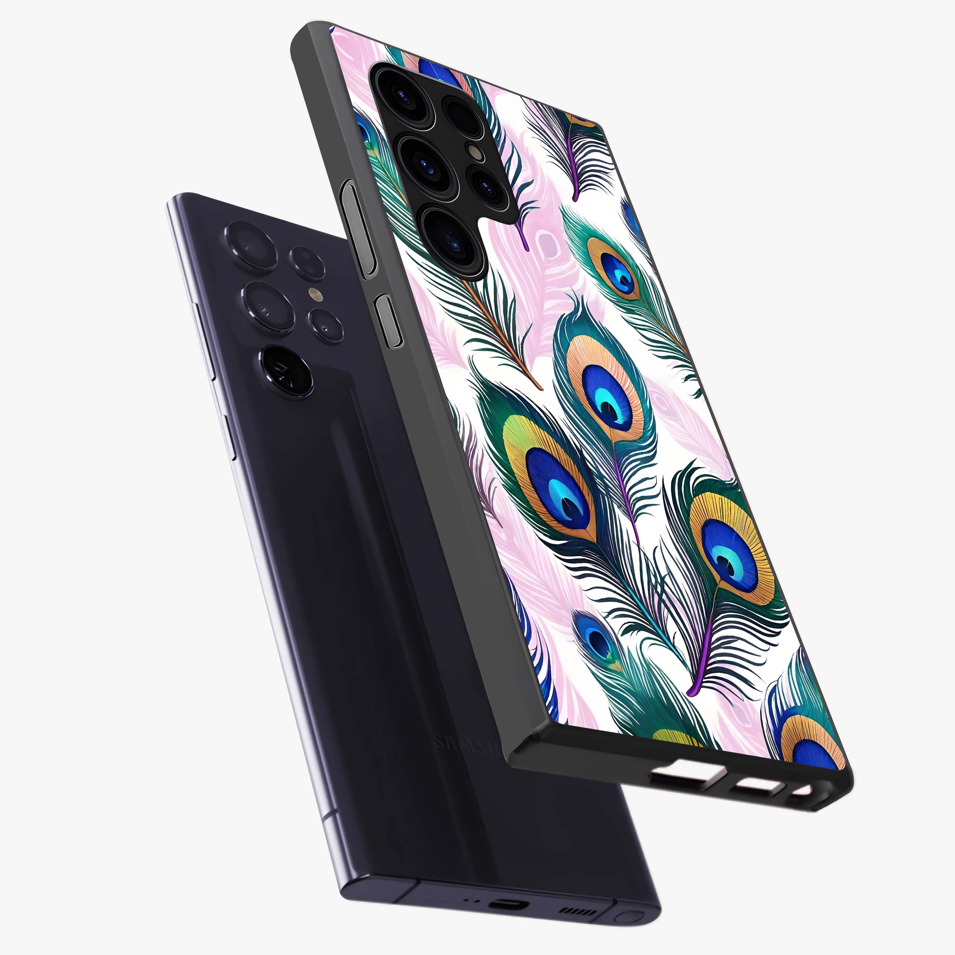 Royal Peacock Feathers Glass Case displayed in angled mockup highlighting vibrant feather pattern with regal aesthetic style.