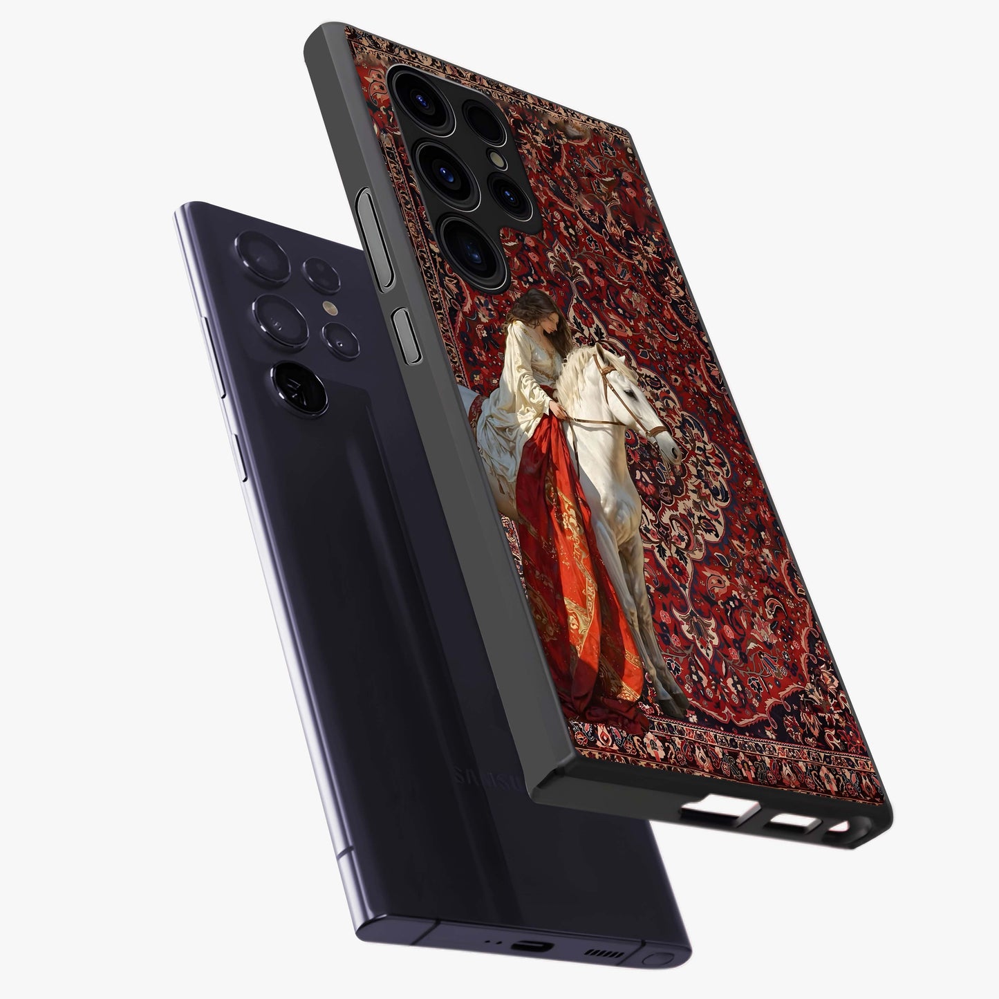 Royal Rider Tapestry Glass Case displayed in angled mockup highlighting traditional tapestry design with royal heritage aesthetic.