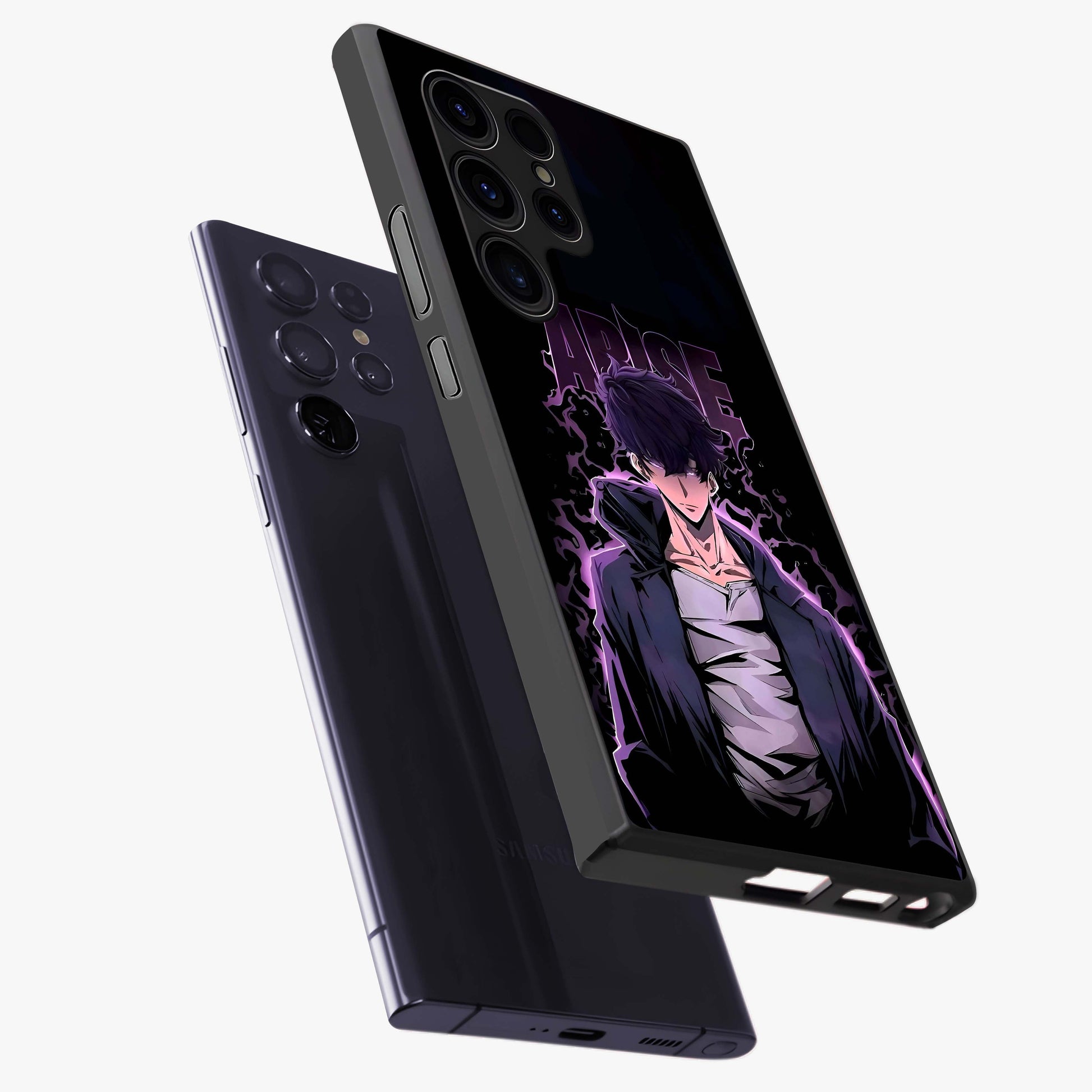 Shadow Monarch Awakening Glass Case displayed in angled mockup highlighting dramatic shadow warrior design with fantasy aesthetic.