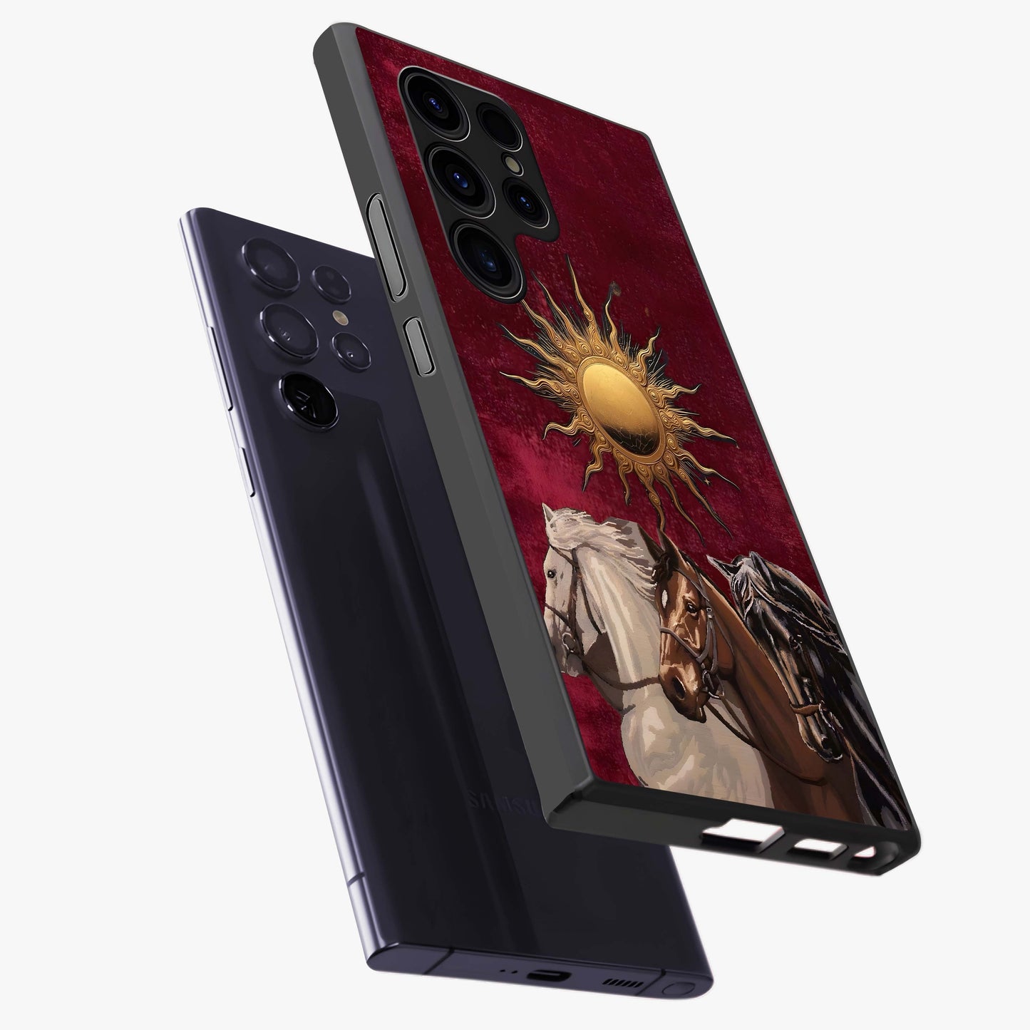 Solar Riders Glass Case displayed in angled mockup highlighting powerful rider illustration with radiant solar aesthetic.