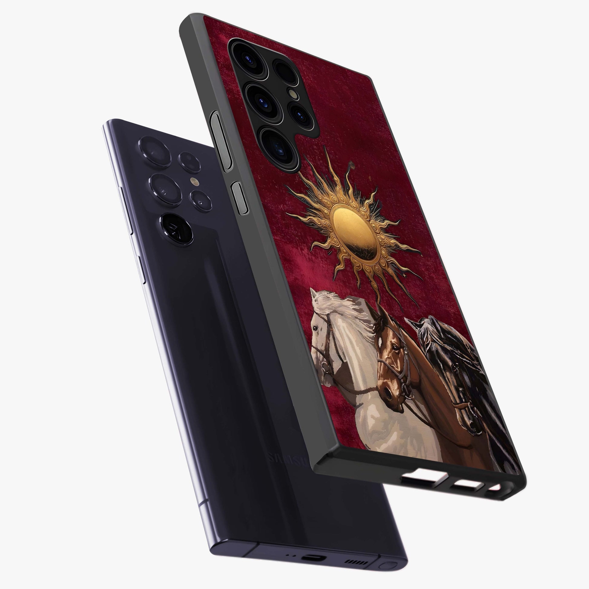 Solar Riders Glass Case displayed in angled mockup highlighting powerful rider illustration with radiant solar aesthetic.