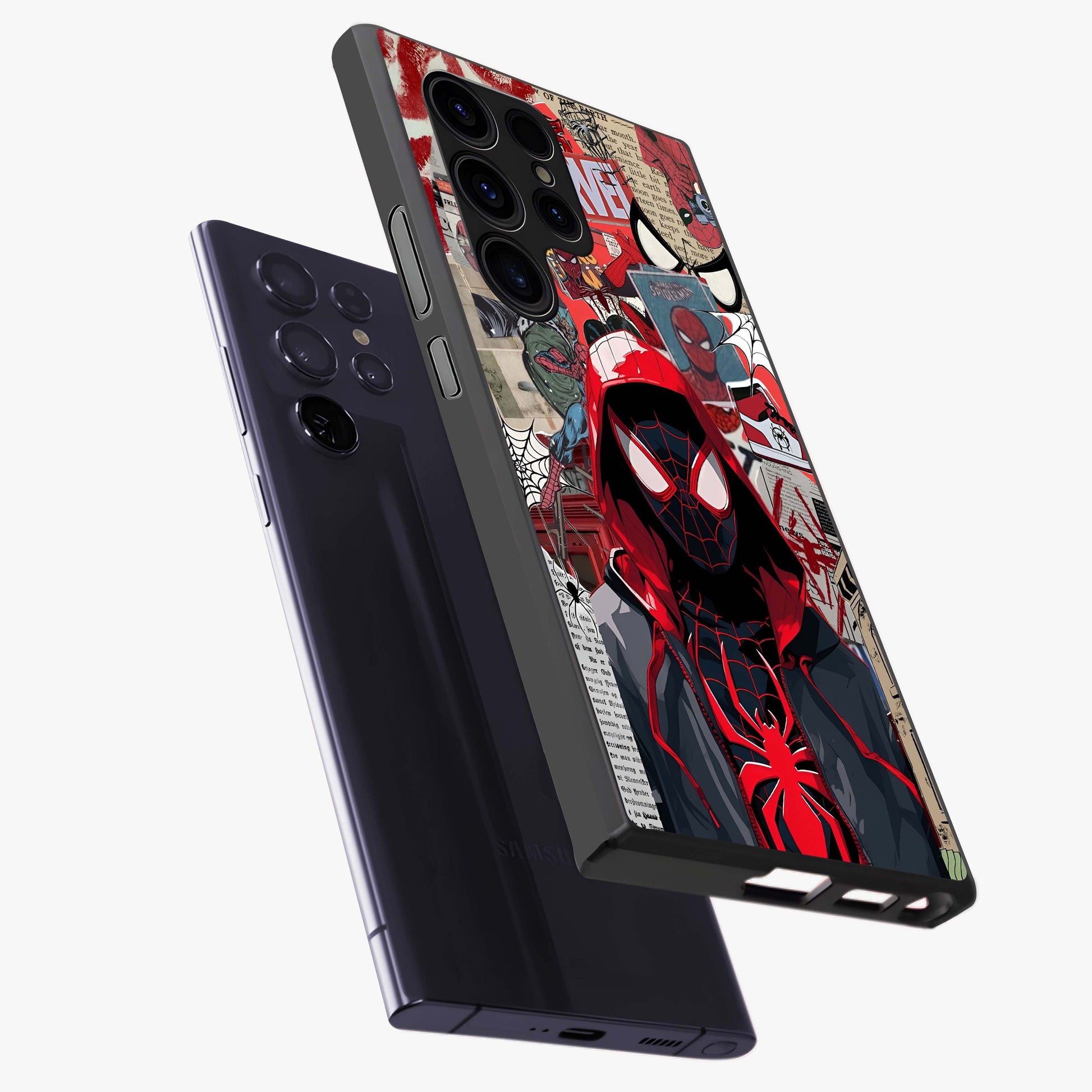 Spider Collage Street Glass Case displayed in angled mockup highlighting dynamic street style collage design with comic aesthetic.