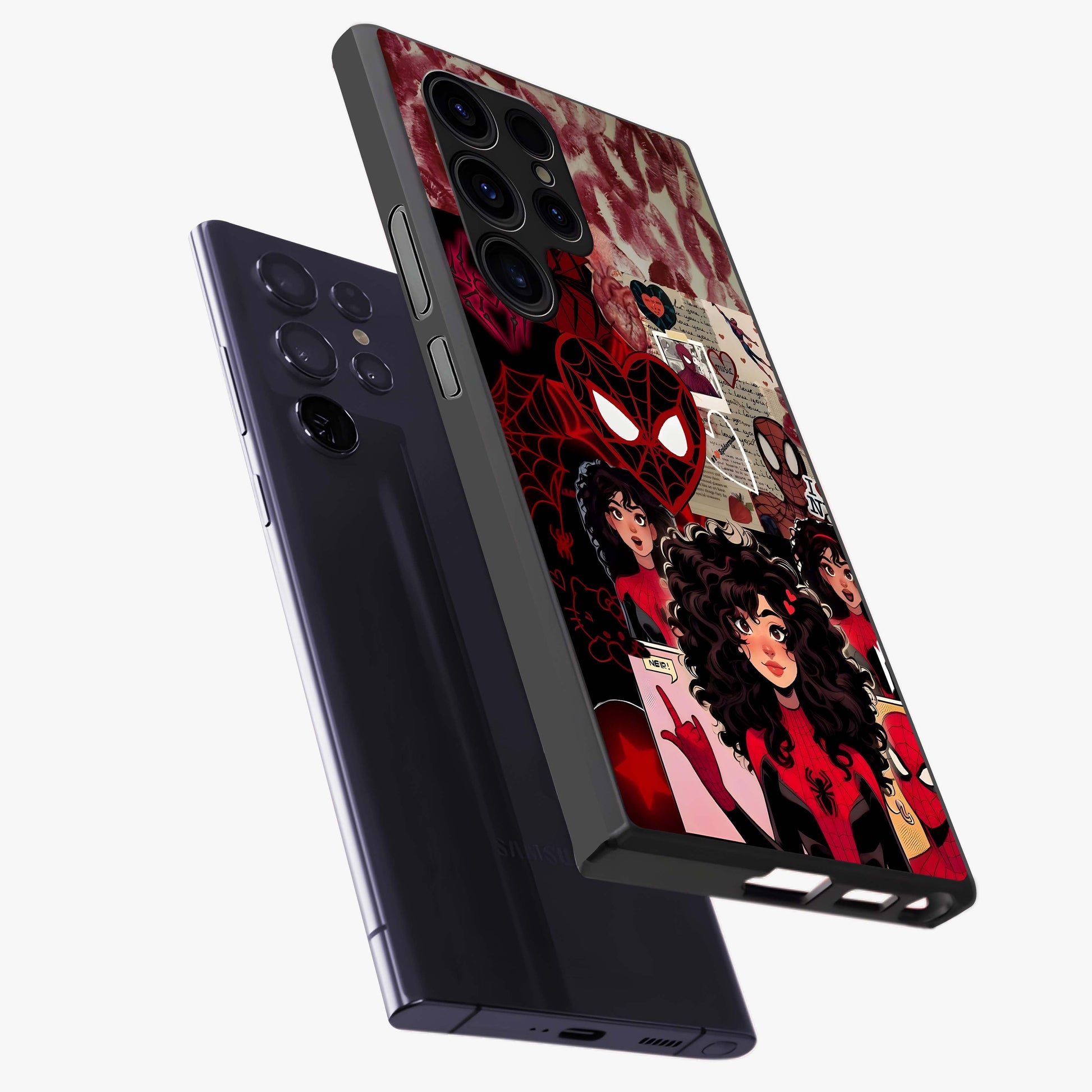 Spider Love Story Glass Case displayed in angled mockup highlighting expressive comic inspired design with playful aesthetic.