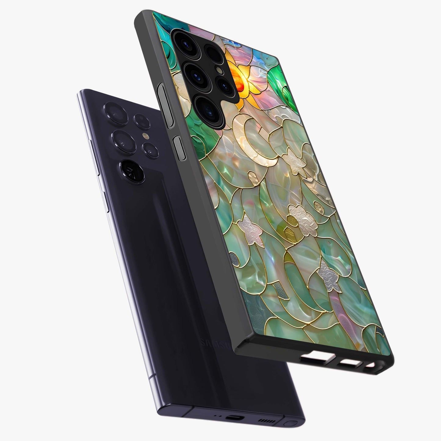 Stained Sunrise Glow Glass Case displayed in angled mockup highlighting radiant sunrise design with artistic aesthetic style.