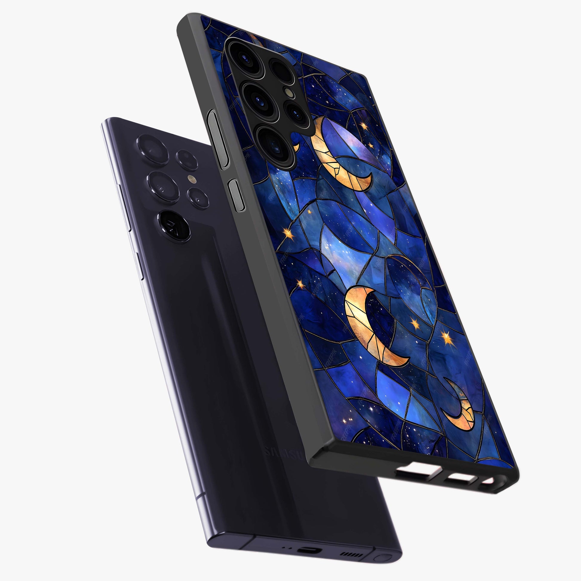 Starlit Sky Tapestry Glass Case displayed in angled mockup highlighting celestial night pattern with artistic aesthetic style.