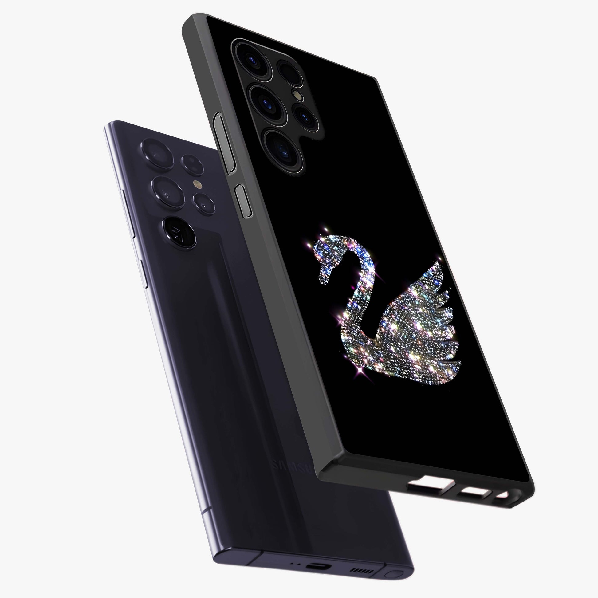 Starlit Swan Grace Glass Case displayed in angled mockup highlighting elegant swan illustration with dreamy celestial aesthetic.