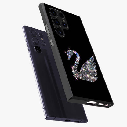 Starlit Swan Grace Glass Case displayed in angled mockup highlighting elegant swan illustration with dreamy celestial aesthetic.