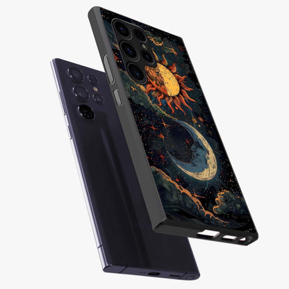 Sun And Moon Magic Design Glass Case displayed in angled mockup highlighting celestial design with magical cosmic aesthetic.