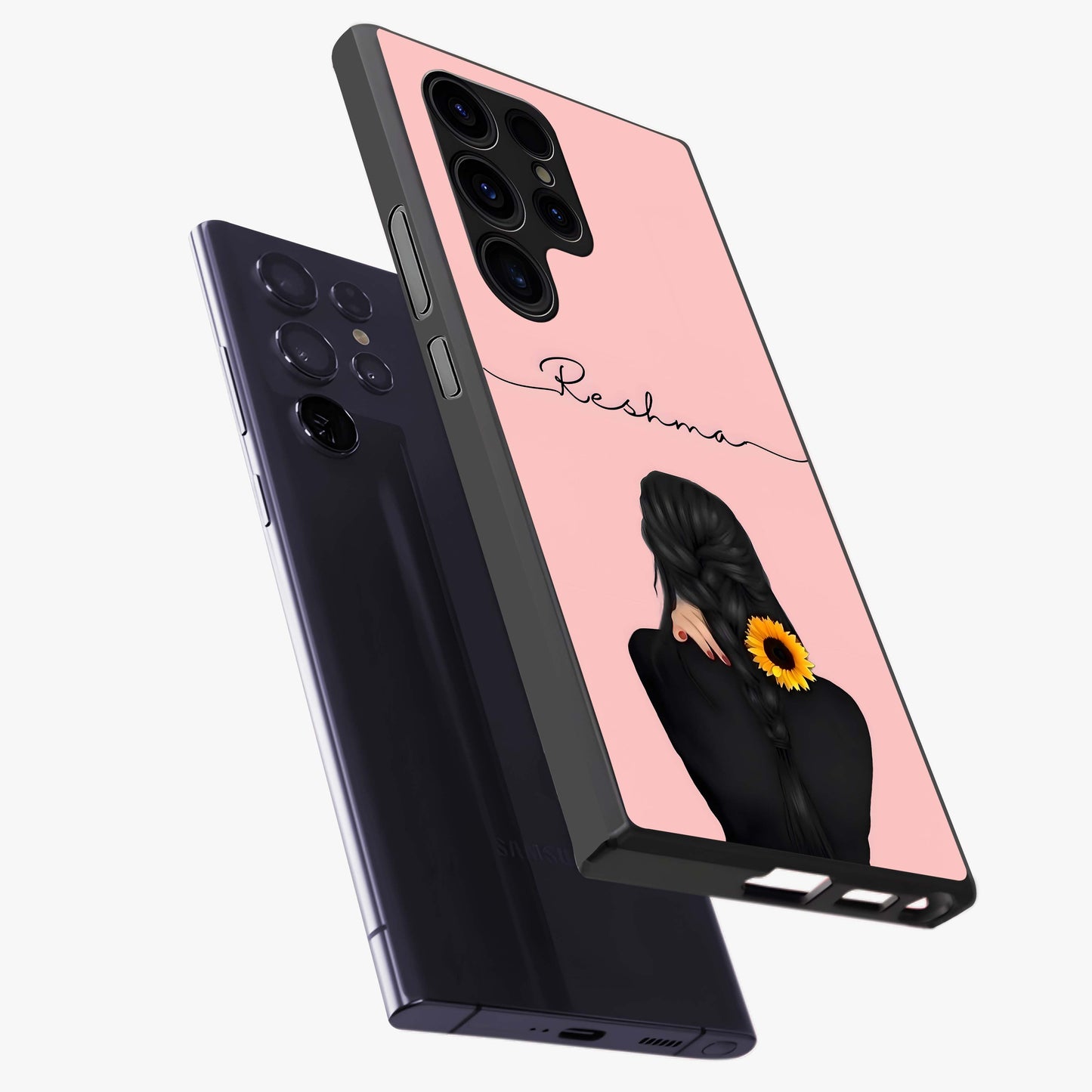 Sunflower Braid Beauty With Custom Name Glass Case displayed in angled mockup highlighting elegant sunflower design with custom name feature.