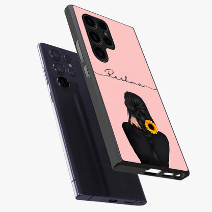 Sunflower Braid Beauty With Custom Name Glass Case displayed in angled mockup highlighting elegant sunflower design with custom name feature.