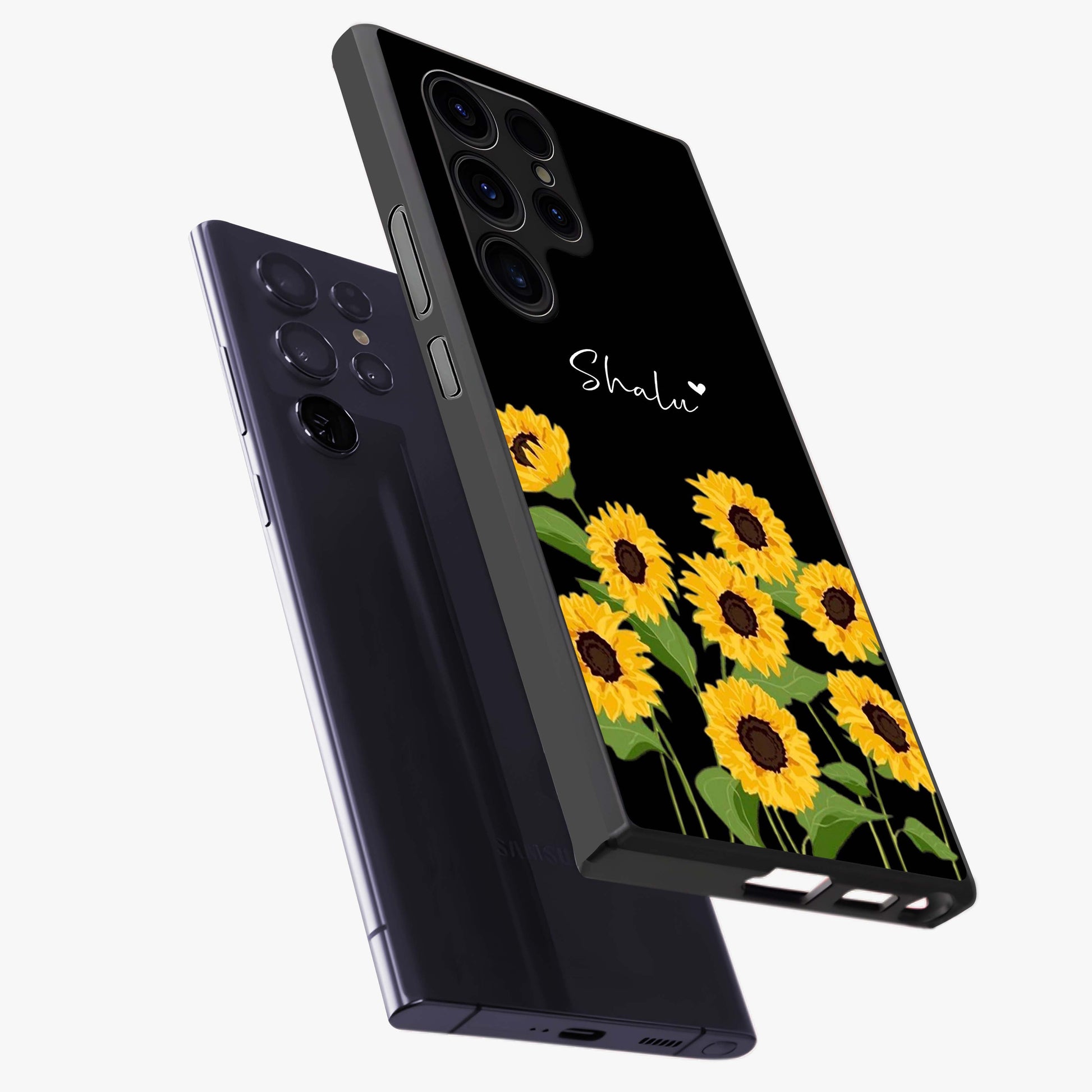 Sunflower Chic Mood Custom Name Glass Case displayed in angled mockup highlighting vibrant sunflower design with custom name feature.