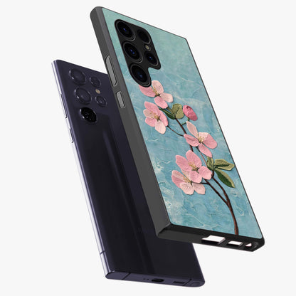 Threaded Blossom Breeze Glass Case displayed in angled mockup highlighting elegant floral design with soft aesthetic style.
