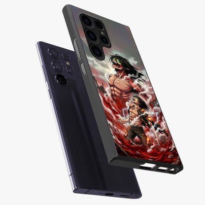 Titan Awakening Fury Glass Case displayed in angled mockup highlighting dramatic giant warrior design with bold anime aesthetic.