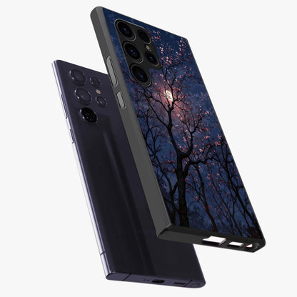 Twilight Sakura Serenade Glass Case displayed in angled mockup highlighting delicate sakura flower design with dreamy aesthetic.