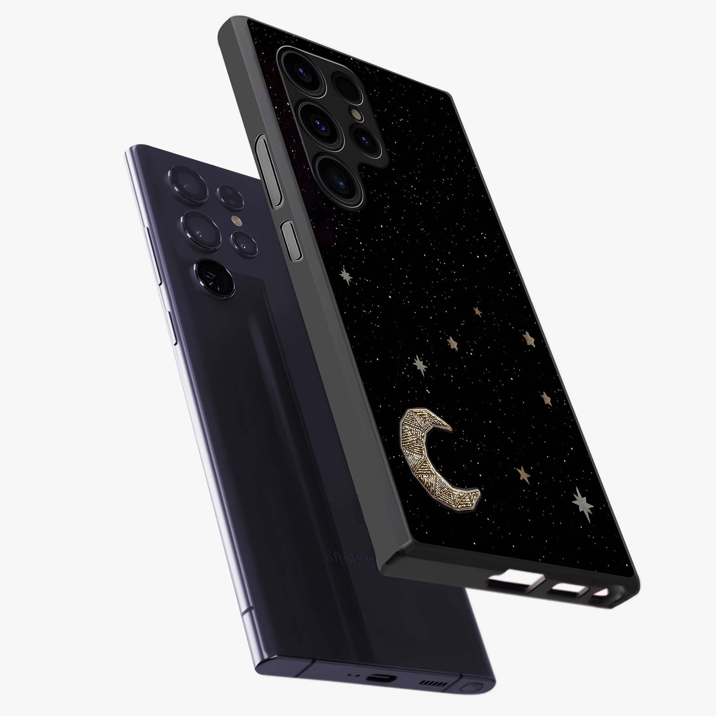 Twinkle Star With Half Moon Glass Case displayed in angled mockup highlighting celestial moon and star design with magical aesthetic.