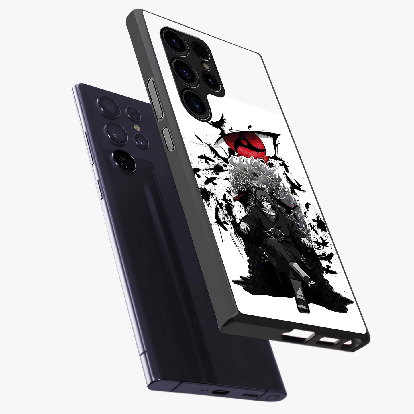 Uchiha Shadow Throne Glass Case displayed in angled mockup highlighting glowing aquatic design with celestial aesthetic.