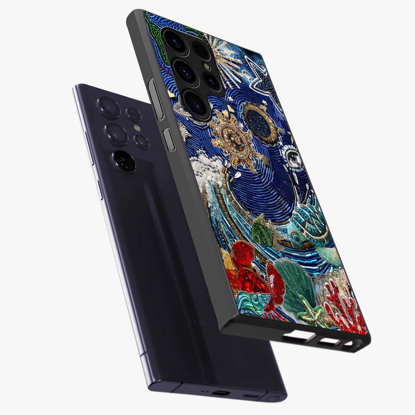 Universe Underwater Spark Glass Case displayed in angled mockup highlighting glowing aquatic design with celestial aesthetic.