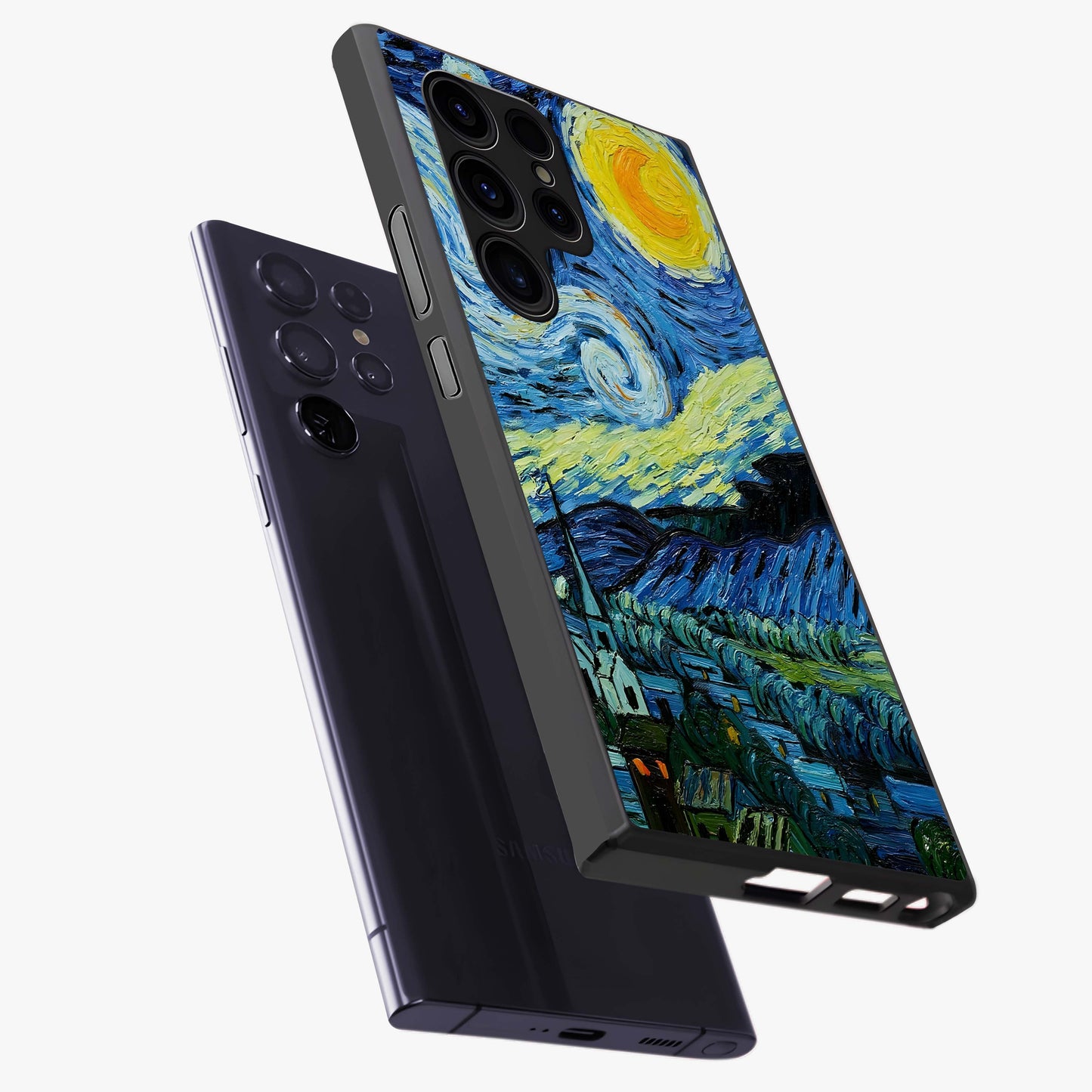 Van Gogh Art Glass Case displayed in angled mockup highlighting swirling brushstroke design with artistic aesthetic.