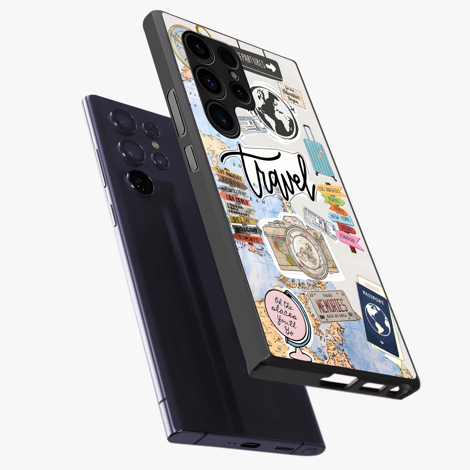 Wanderlust Journal Glass Case displayed in angled mockup highlighting adventure themed design with aesthetic travel vibe.