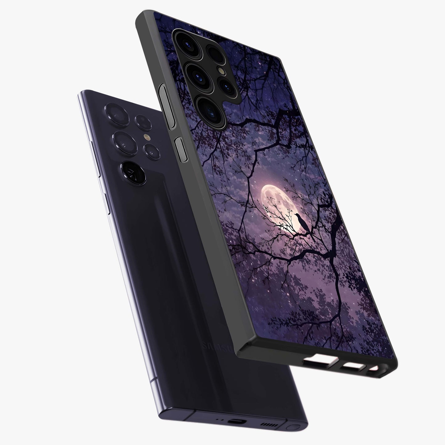 Whispering Moon Silence Glass Case displayed in angled mockup highlighting calm lunar design with dreamy night aesthetic.