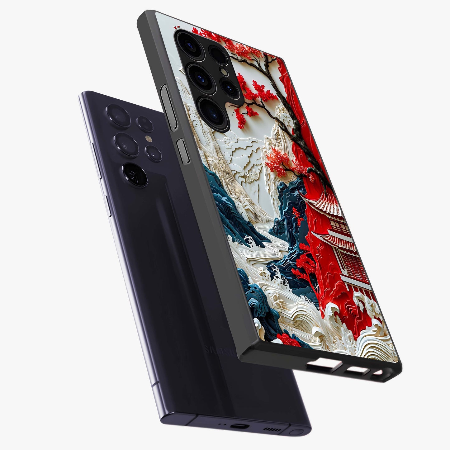 Whispers Of Sakura Waves Glass Case displayed in angled mockup highlighting flowing sakura design with soft floral aesthetic.