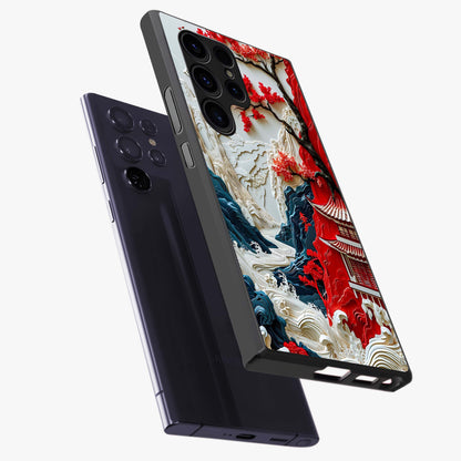 Whispers Of Sakura Waves Glass Case displayed in angled mockup highlighting flowing sakura design with soft floral aesthetic.