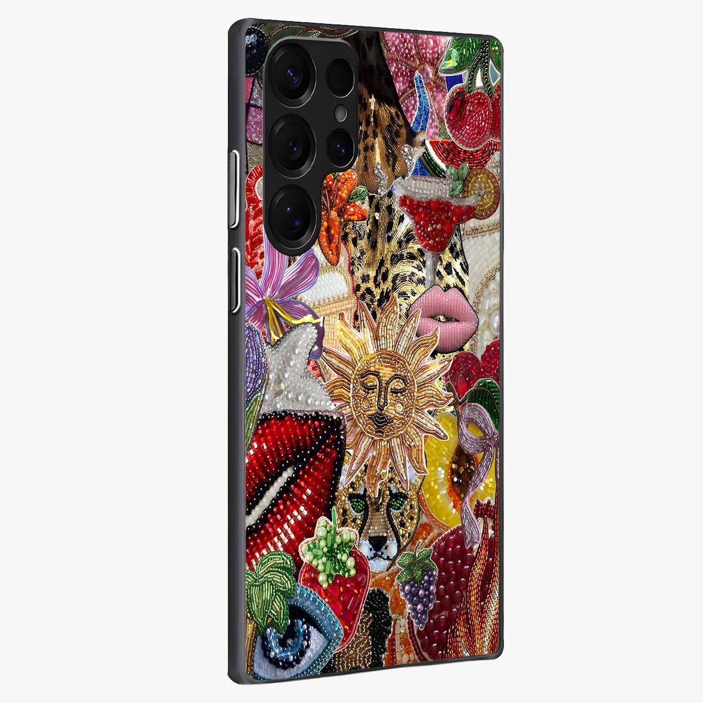 Beaded Fashion Jungle Glass Case upright view showcasing tropical jungle aesthetic with decorative bead elements.