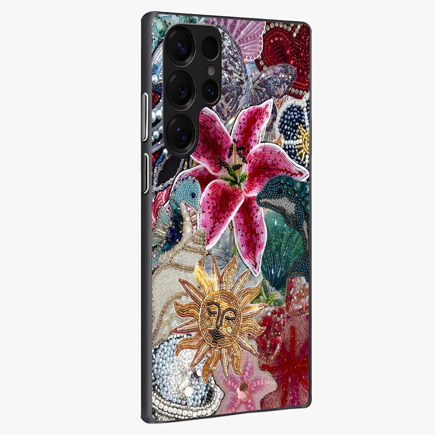 Beaded Garden Fantasy Glass Case upright view showcasing whimsical garden aesthetic with artistic bead details.