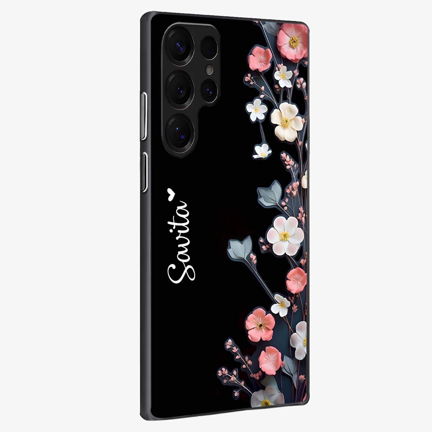Black Elegance Floral Custom Name Glass Case upright view showcasing luxurious black floral design with personalized name detail.