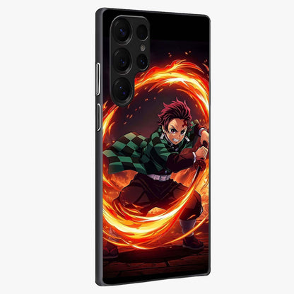 Blazing Sword Resolve Glass Case upright view showcasing dramatic warrior inspired artwork with intense visual style.