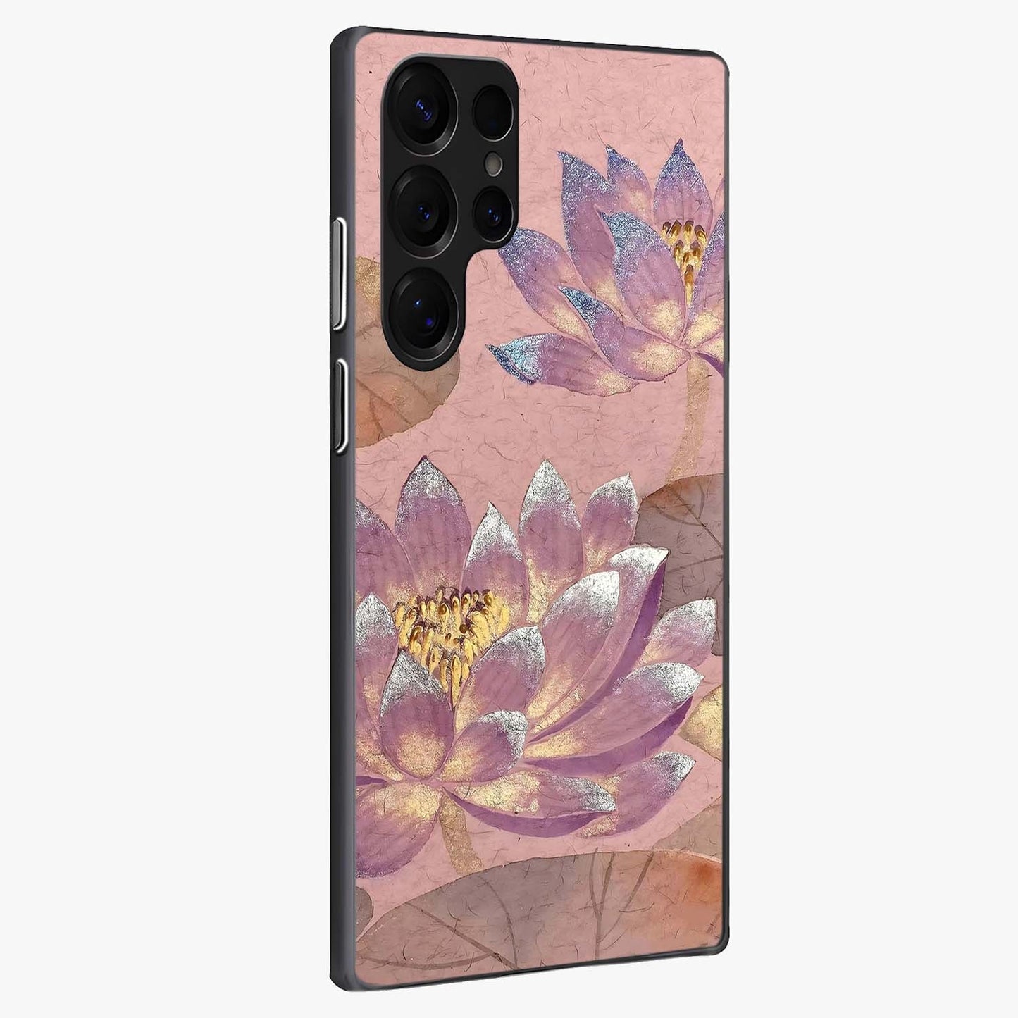 Blossom Mist Lotus Glass Case upright view showcasing graceful lotus flower design with peaceful botanical style.