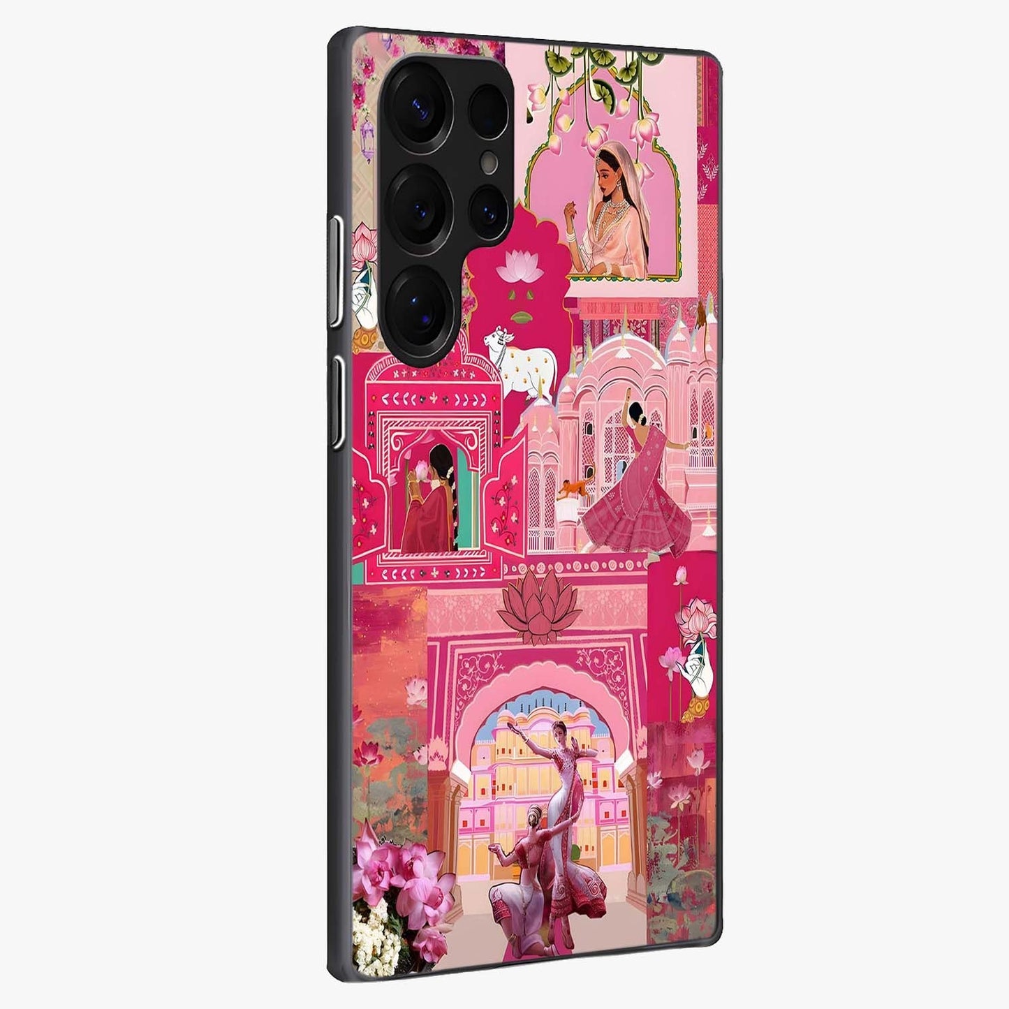 Blossoms of Rajasthan Glass Case upright view showcasing colorful floral design inspired by traditional Indian art.