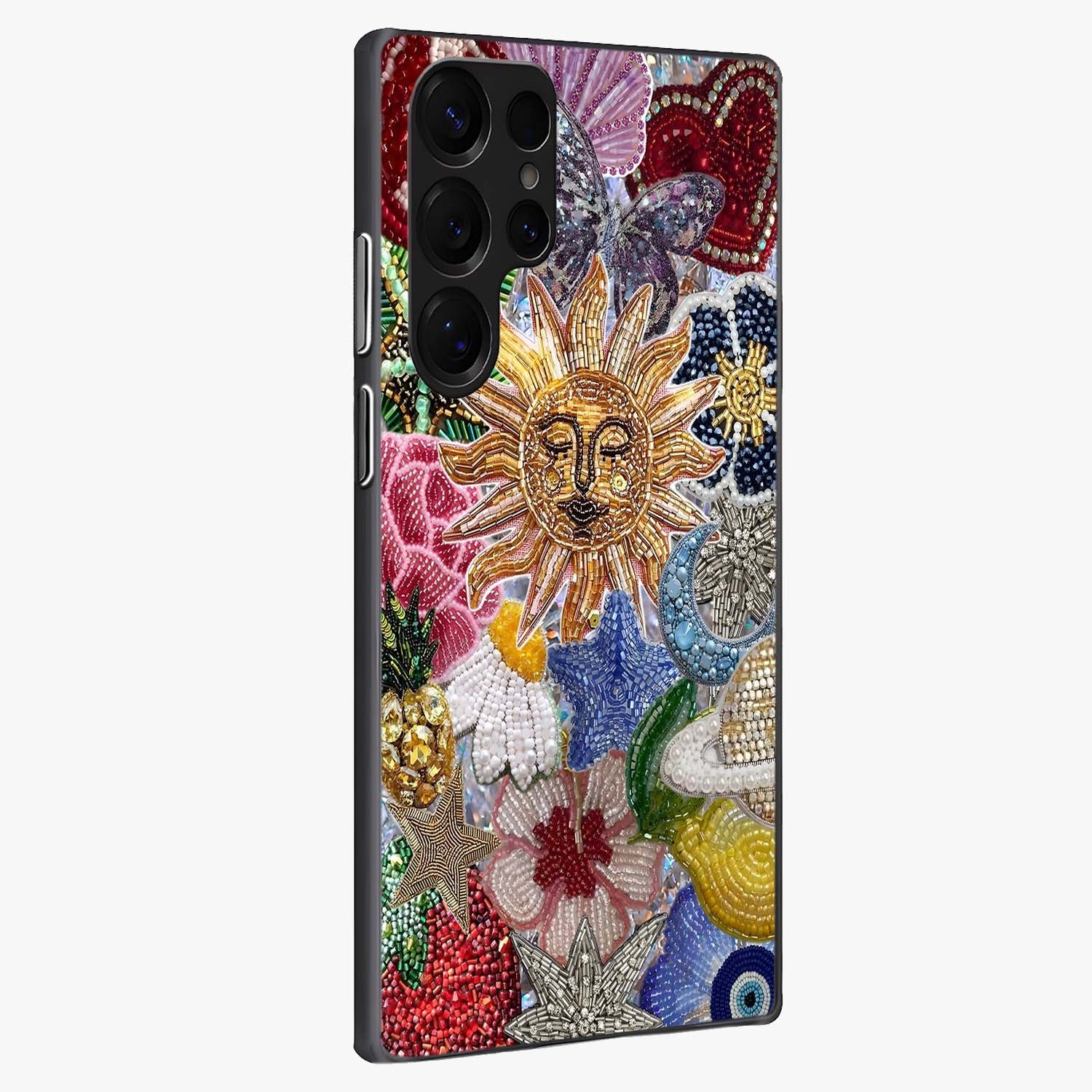 Celestial Floral and Playful Glass Case upright view showcasing whimsical floral artwork with cosmic aesthetic theme.
