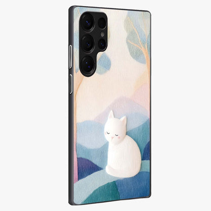 Cotton Dream Cat Glass Case upright view showcasing charming cat artwork with cozy dreamy theme.