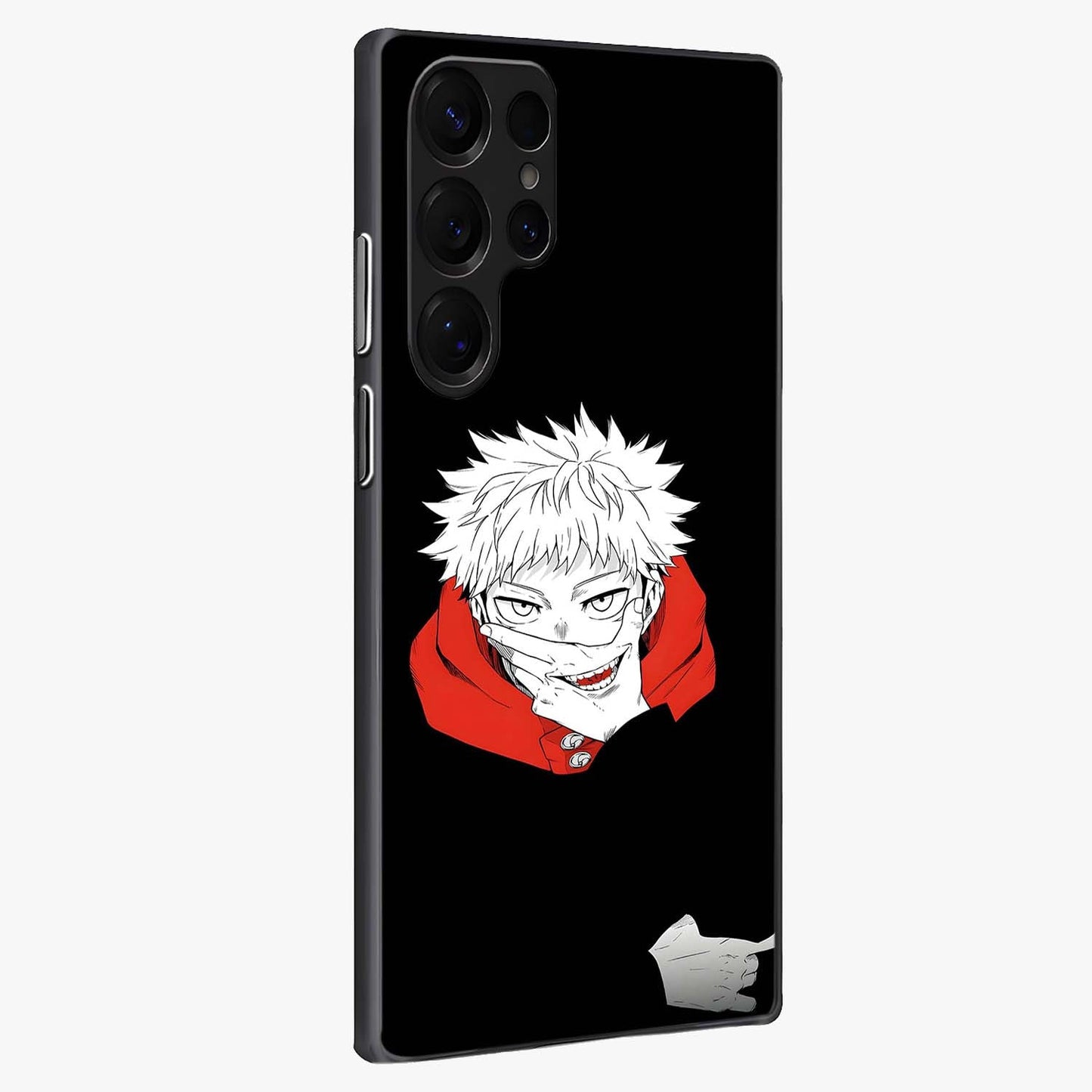 Crimson Chaos Smile Glass Case upright view showcasing expressive chaotic artwork with striking visual theme.