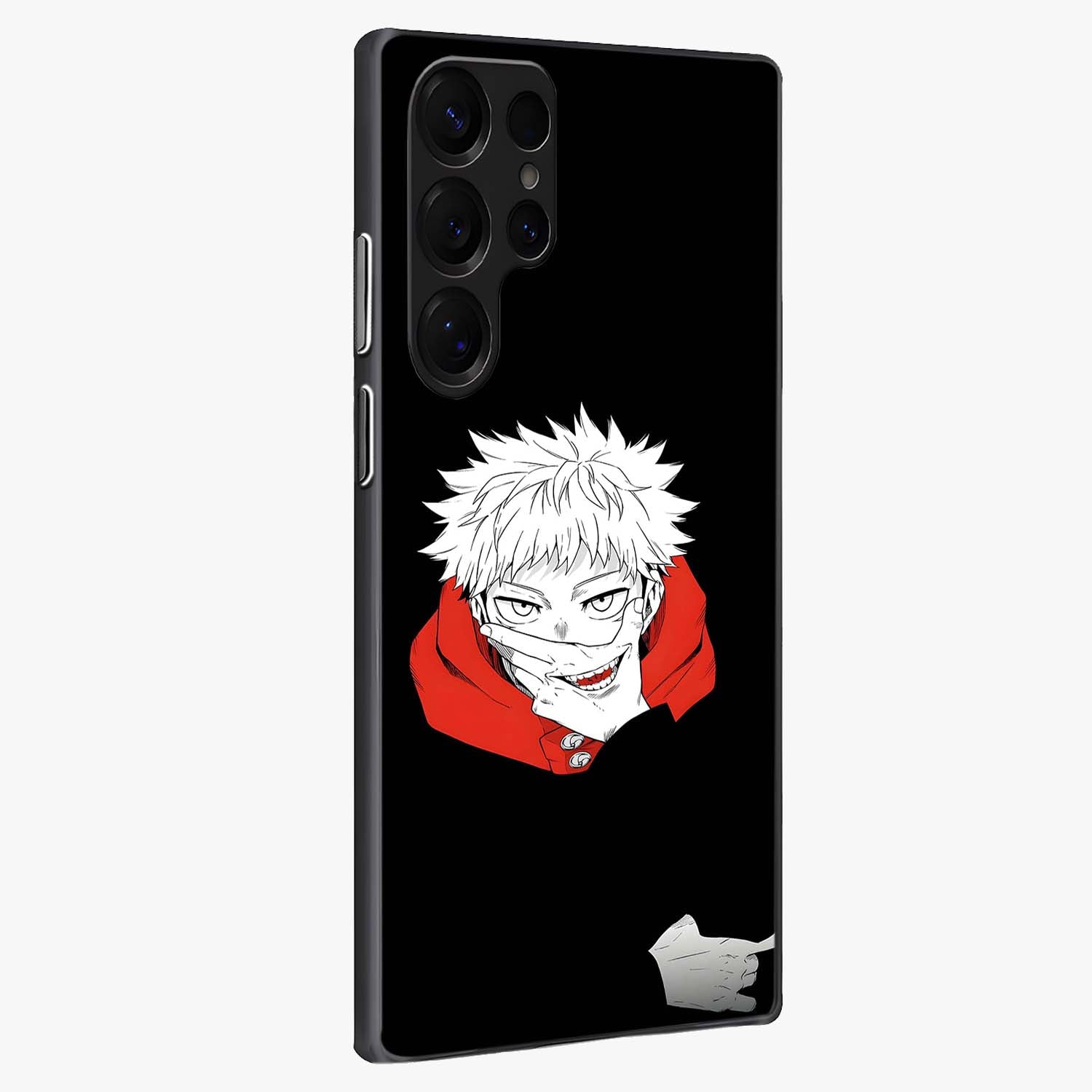 Crimson Chaos Smile Glass Case upright view showcasing expressive chaotic artwork with striking visual theme.