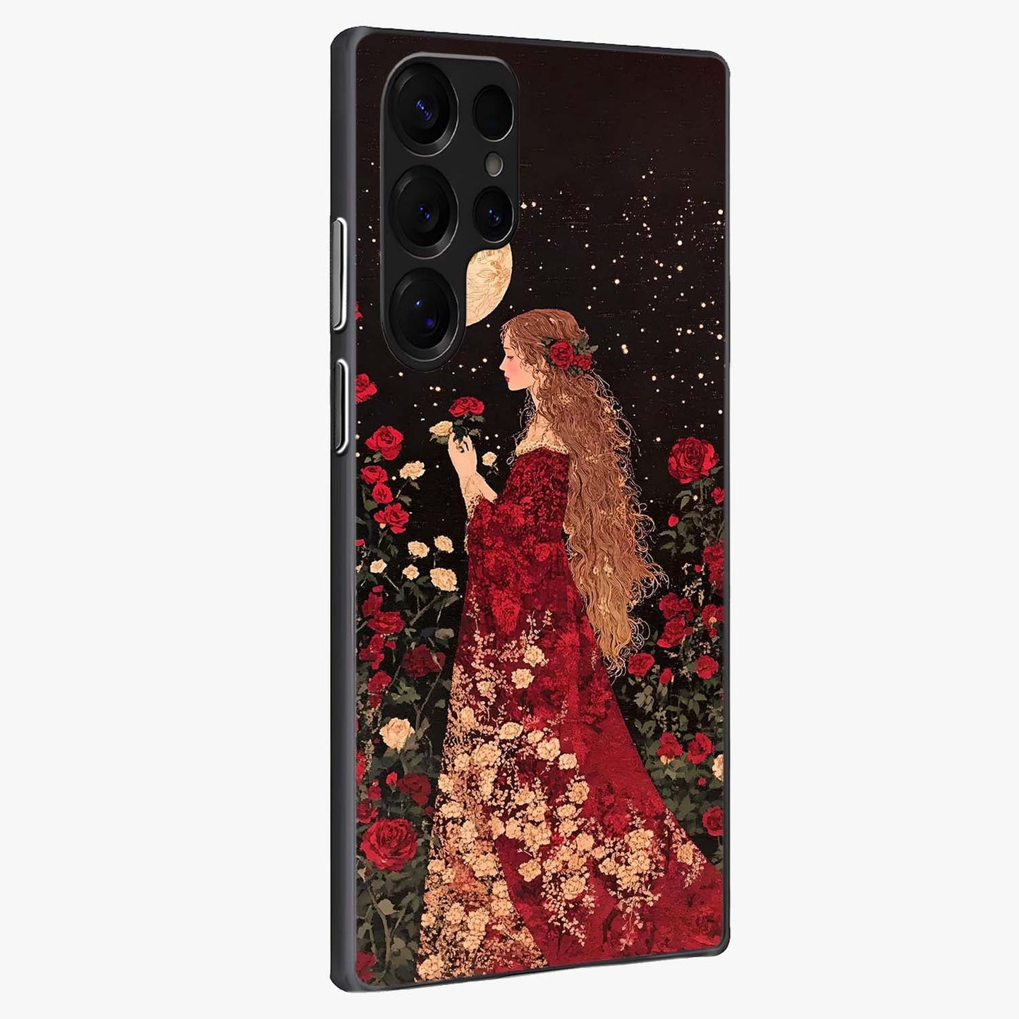 Crimson Dreams Glass Case upright view showcasing dreamy red toned artwork with modern aesthetic style.