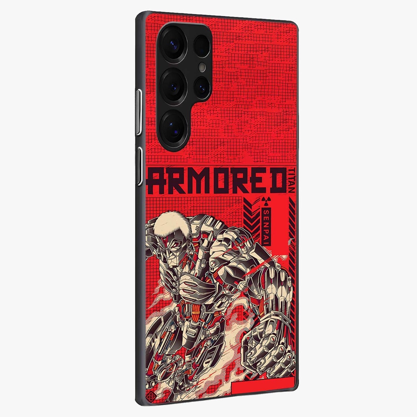 Crimson Mecha Titan Glass Case upright view showcasing dynamic robotic titan design with sci-fi inspired theme.