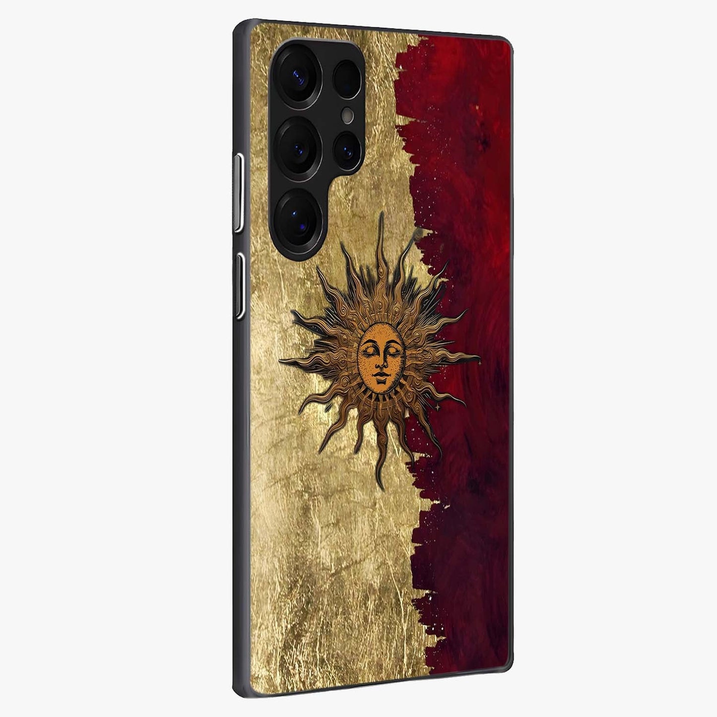 Crimson Sun Majesty Glass Case upright view showcasing vibrant sun artwork with powerful celestial theme.