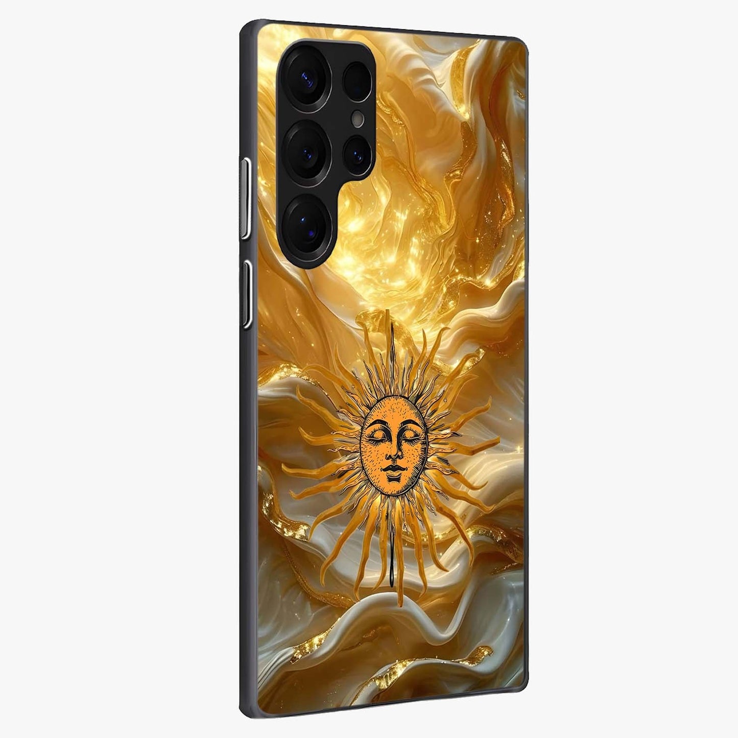 Eternal Golden Glow Glass Case upright view showcasing luminous golden artwork with luxurious visual theme.