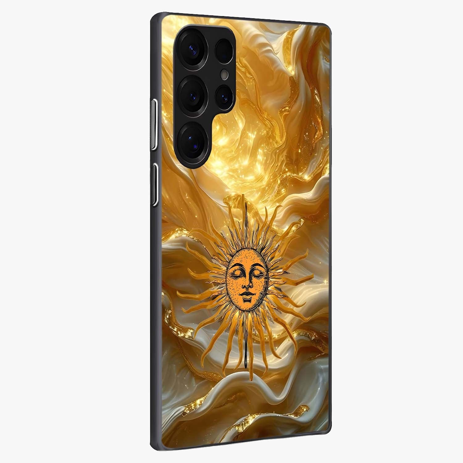 Eternal Golden Glow Glass Case upright view showcasing luminous golden artwork with luxurious visual theme.