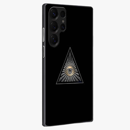 Illuminati Evil Glass Case upright view showcasing striking illuminati artwork with mysterious symbolic theme.