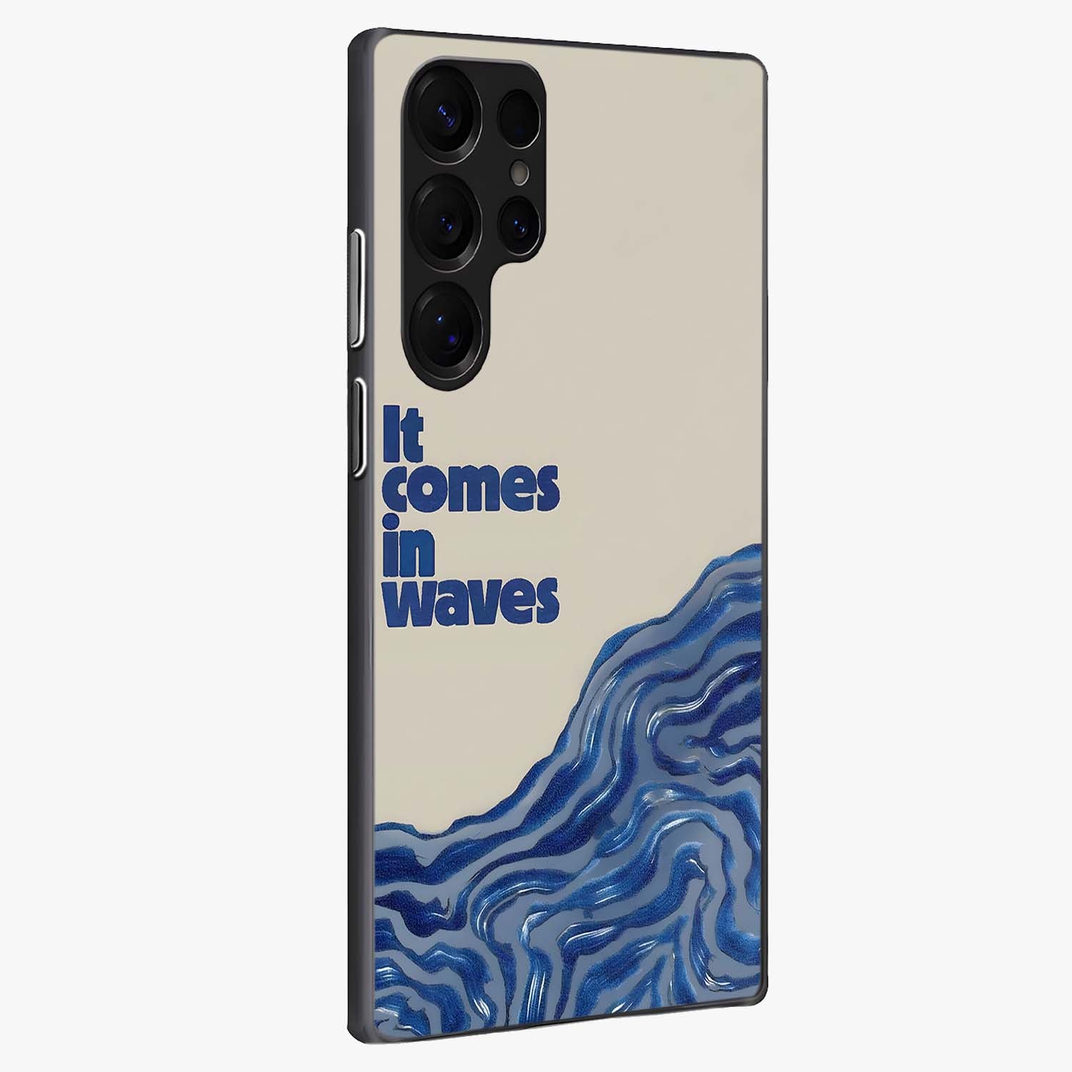 It Comes In Waves Quote Glass Case upright view showcasing calm wave artwork with motivational quote theme.