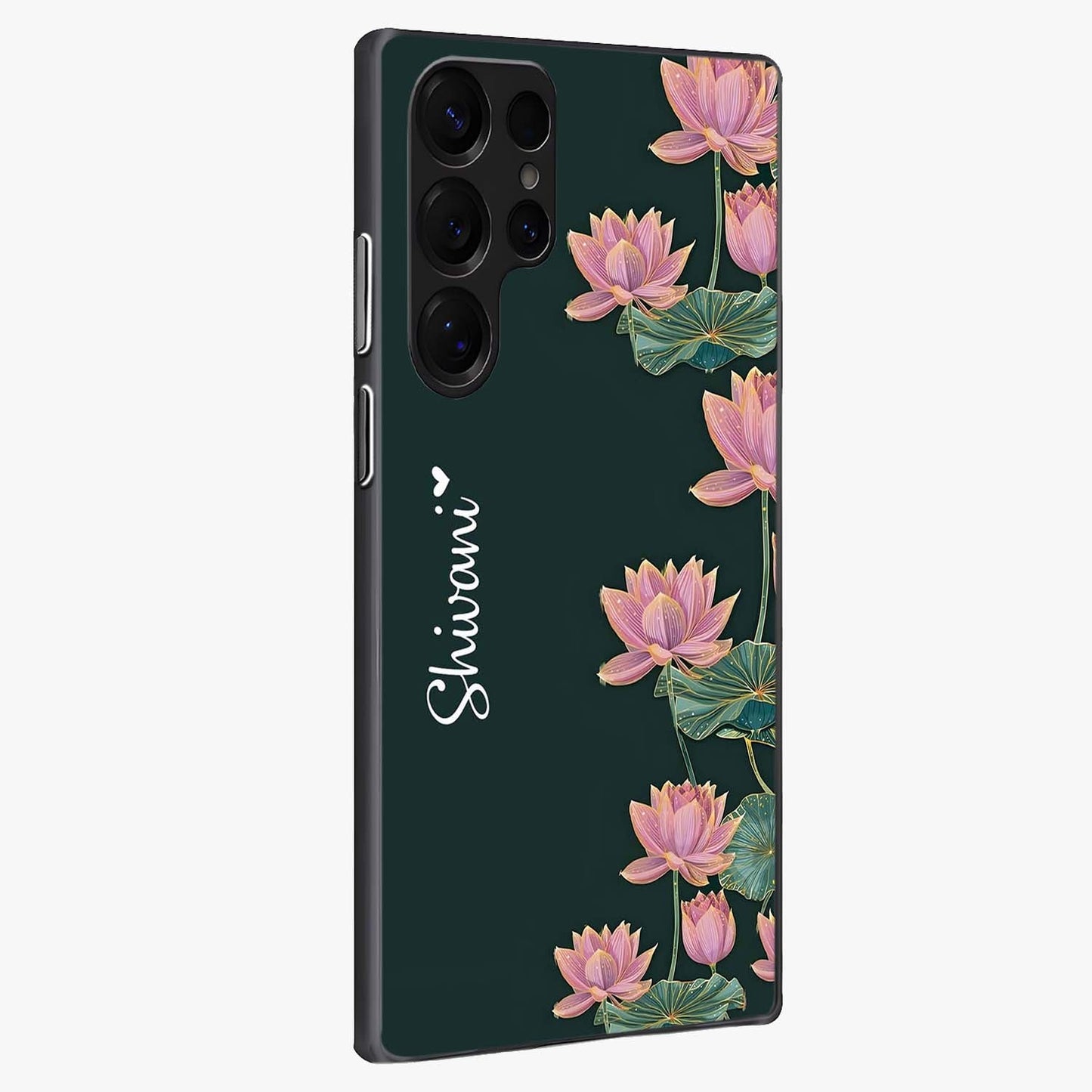 Lotus Bloom Serenity Custom Name Glass Case upright view showcasing serene lotus bloom artwork with personalized floral aesthetic.