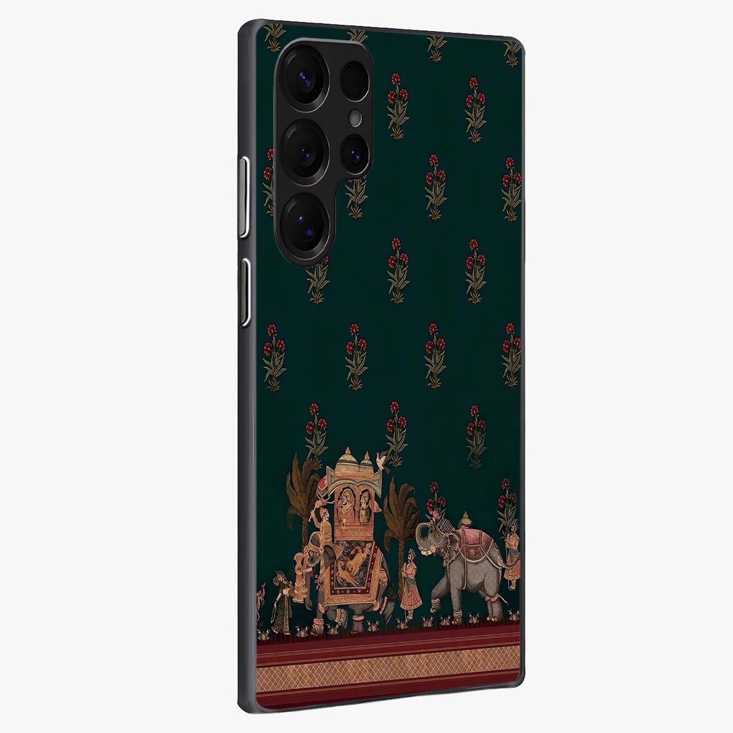 Macmerise Glass Case upright view showcasing bold artistic artwork with contemporary design theme.