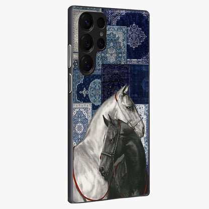 Midnight Stallion Blues Glass Case upright view showcasing dramatic horse artwork with bold artistic theme.