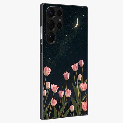 Midnight Tulip Whispers Vibe Glass Case upright view showcasing graceful tulip artwork with calm botanical theme.